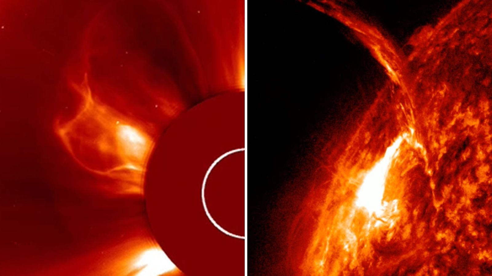Split view showing intense solar flare activity and coronal plasma on the sun