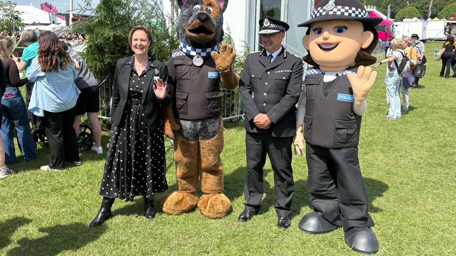 Sophie Duchess of Edinburgh standing with police mascots and an officer outdoors