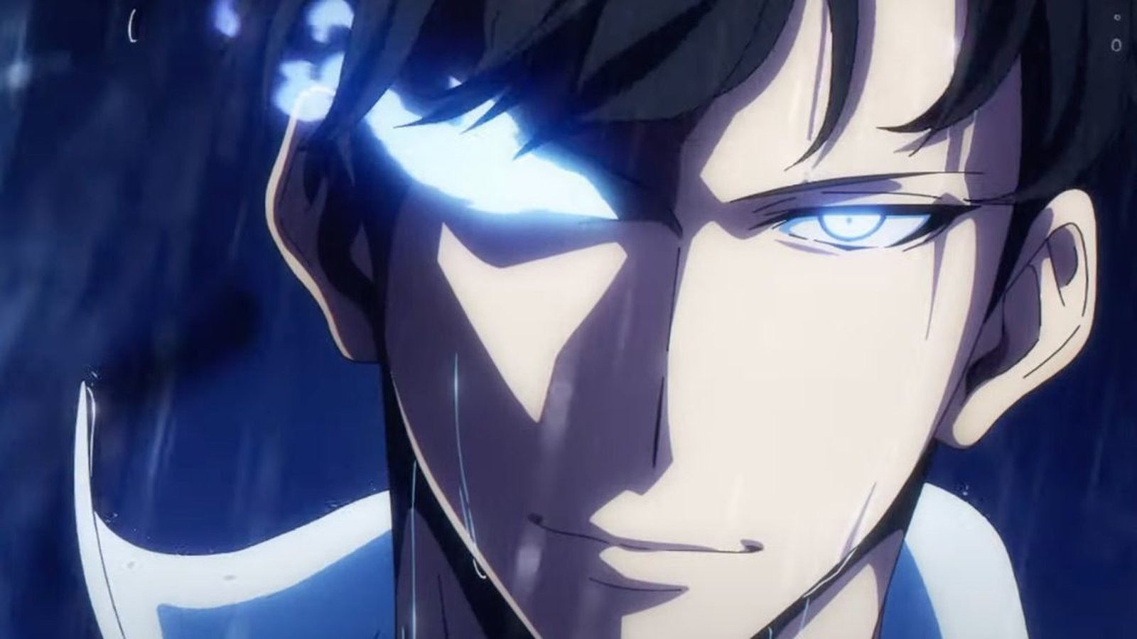 Close up of Sung Jinwoo with glowing blue eyes from Solo Leveling anime