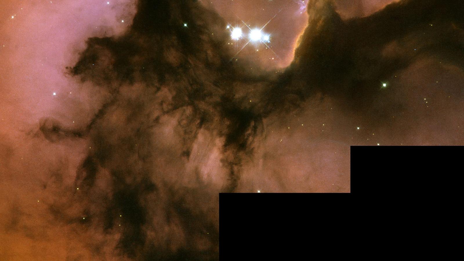 Dark dust pillars in the Trifid Nebula illuminated by bright nearby star clusters