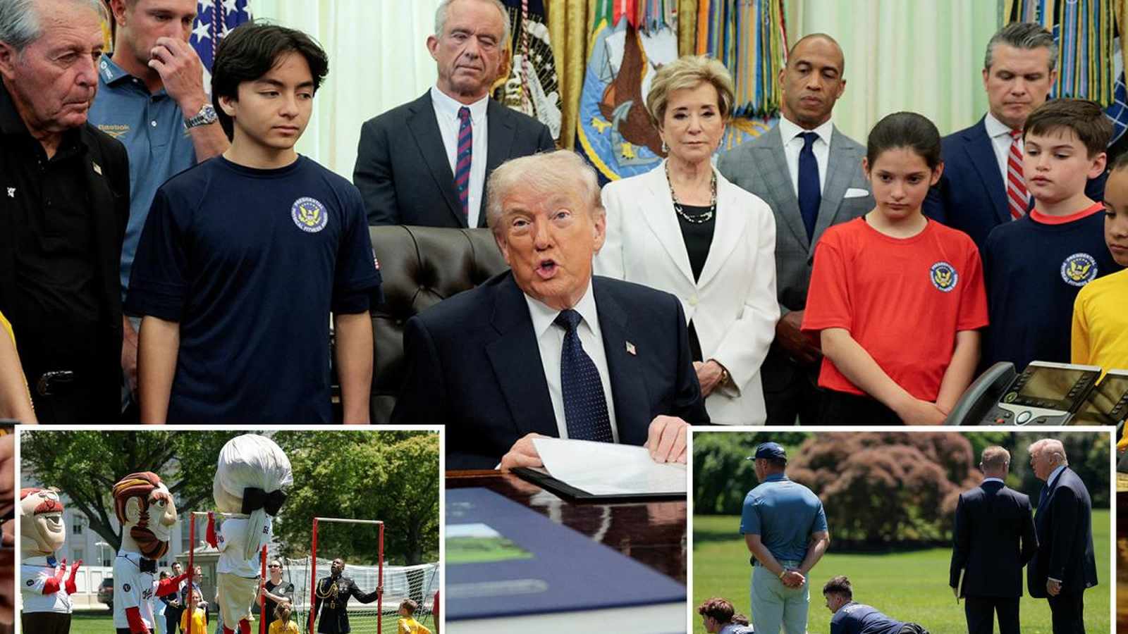 Donald Trump signs proclamation for the Presidential Physical Fitness Award surrounded by youth athl