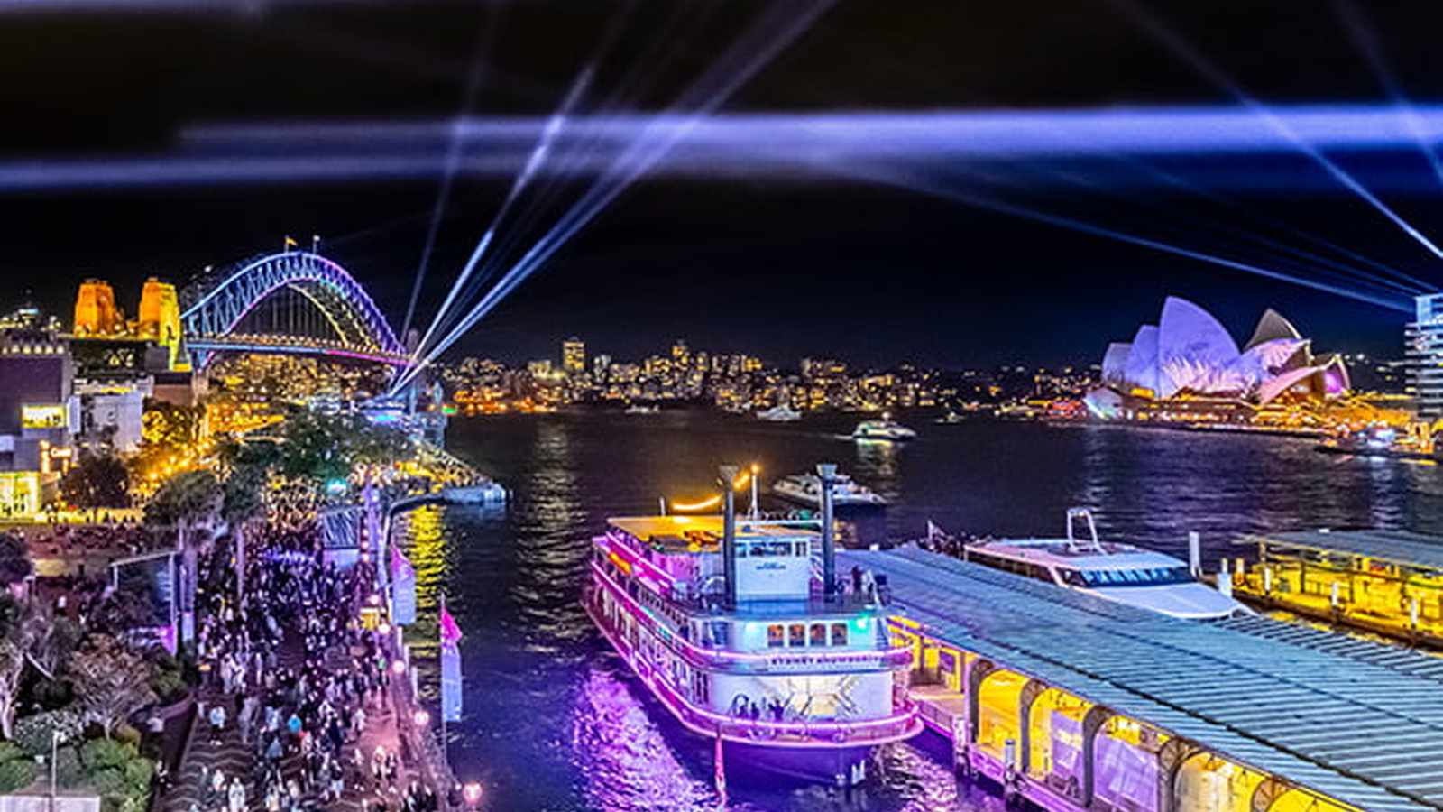 Illuminated Sydney Harbour Bridge and Opera House during the Vivid Sydney light festival