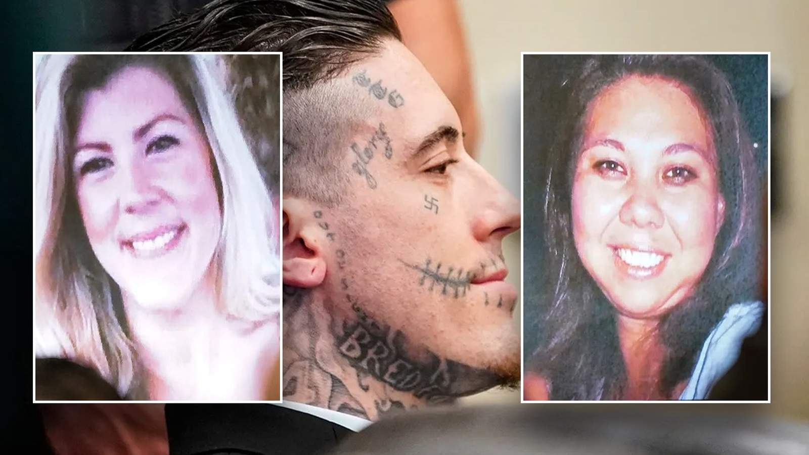 Collage featuring a profile of Wade Wilson with facial tattoos and two inset portraits of smiling wo