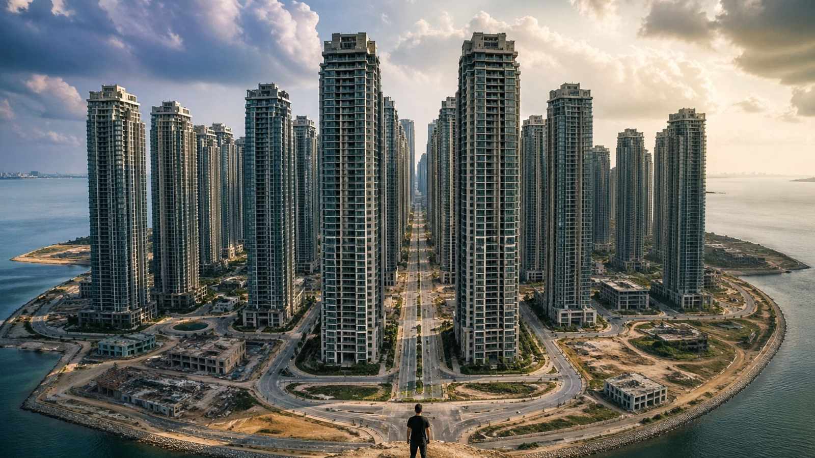 A person stands overlooking a dense cluster of high-rise apartment towers on a coastal peninsula.