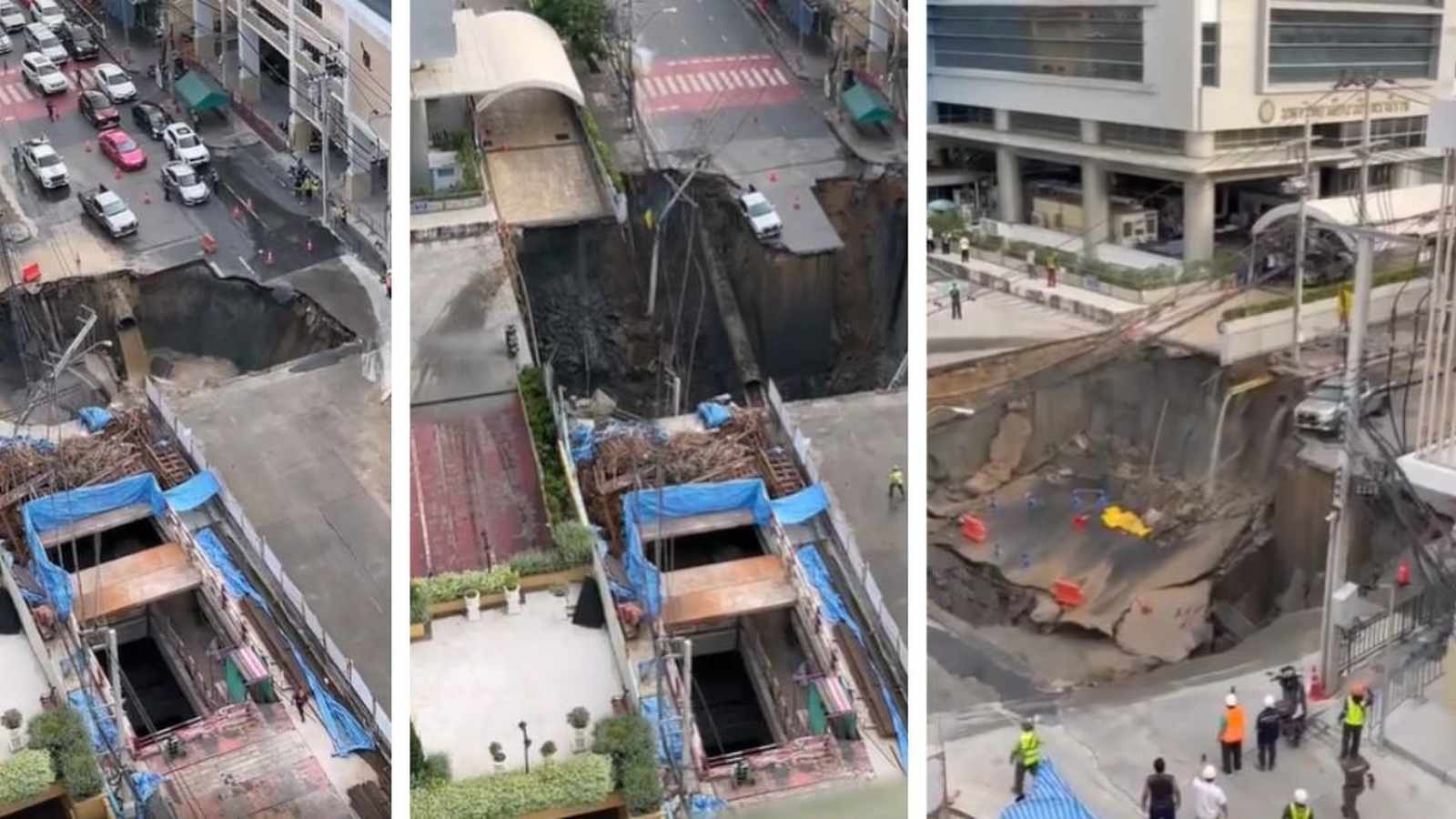A colossal sinkhole tore through a busy Bangkok street, swallowing vehicles and triggering emergency evacuations near a hospital and police station. Heavy monsoon rains, leaking pipes, and subway construction are under investigation as causes.