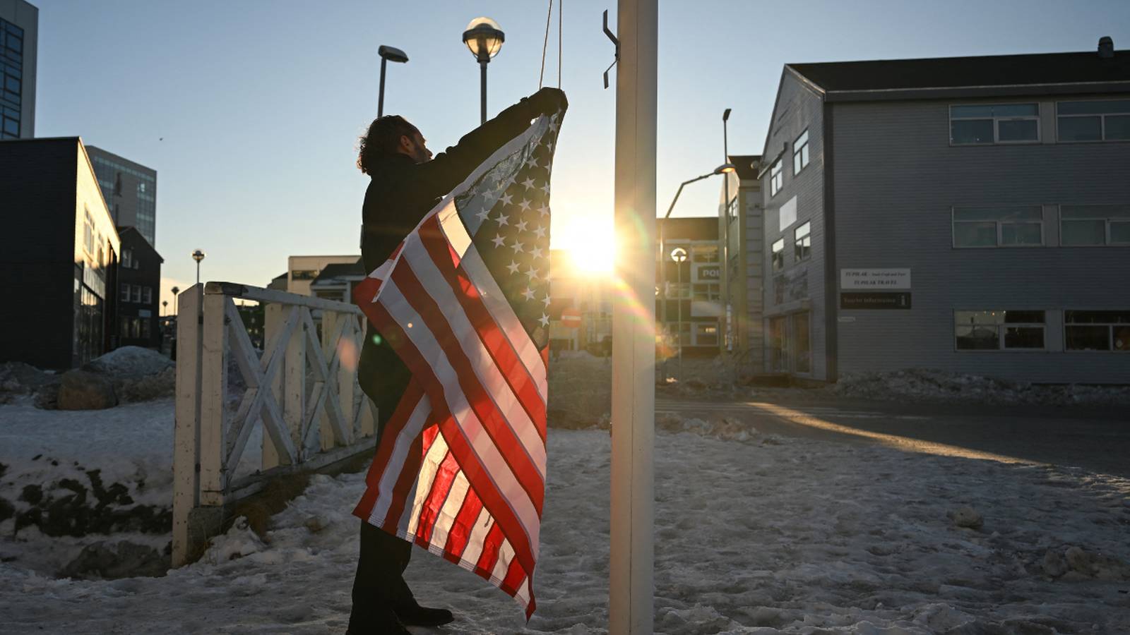 Greenlandic flag waving near cultural center in Nuuk