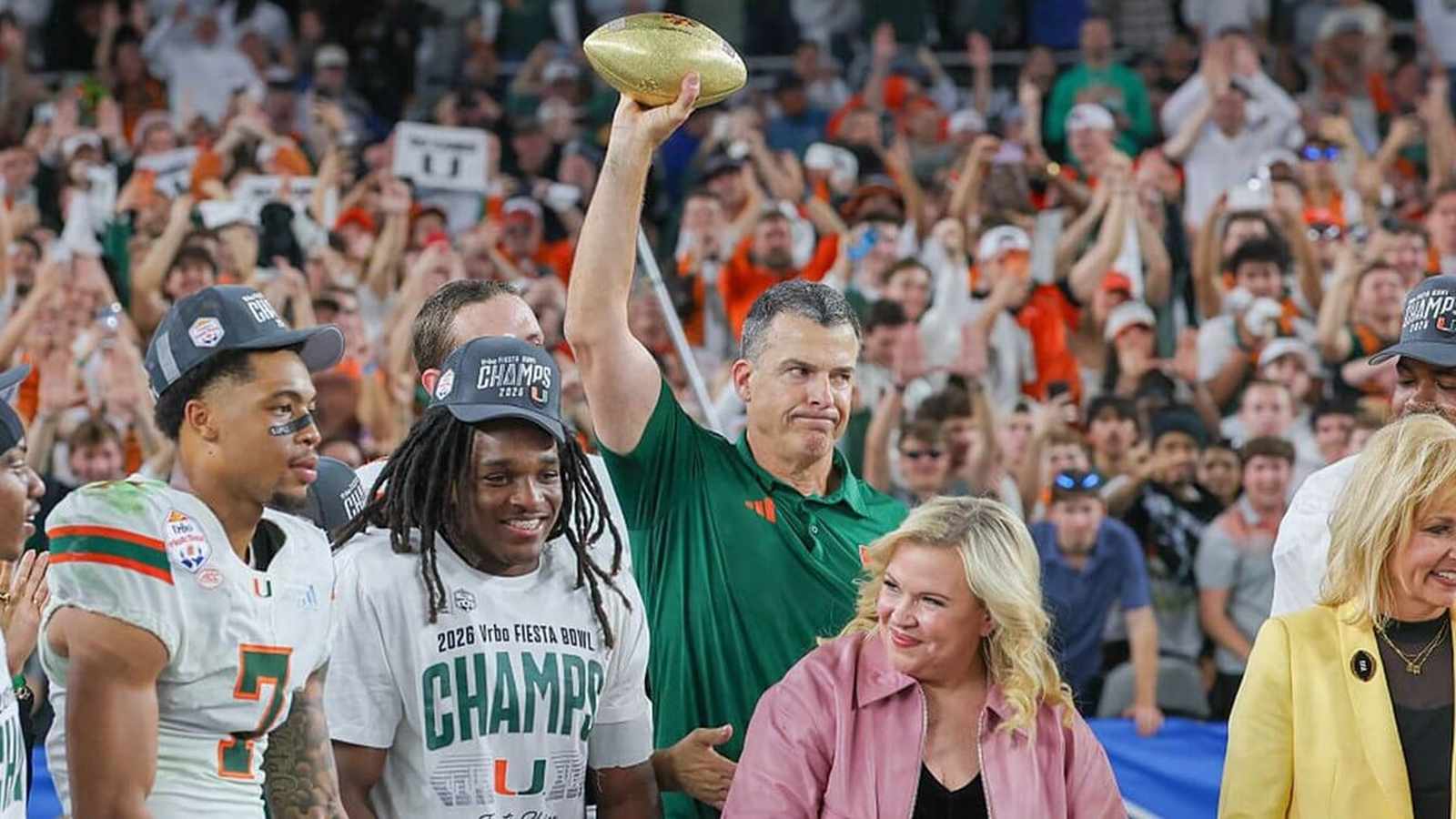 Miami Hurricanes celebrating Fiesta Bowl victory