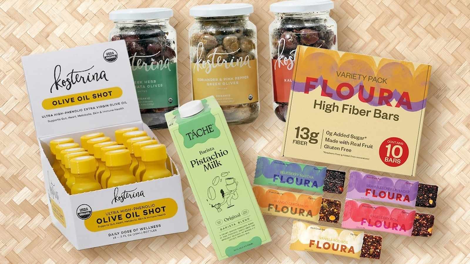 Assorted winter comfort products and healthy food items