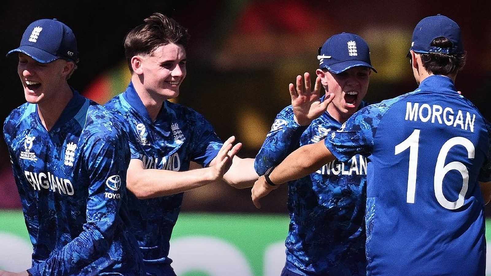 England U19 cricketers celebrating on field