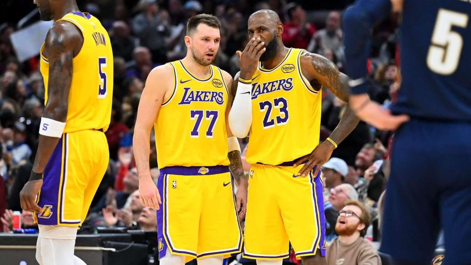 LeBron James and Luka Doncic in Lakers uniforms