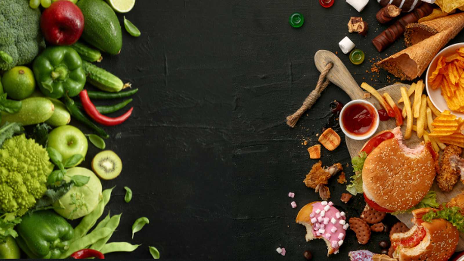 Variety of colorful ultra-processed food items