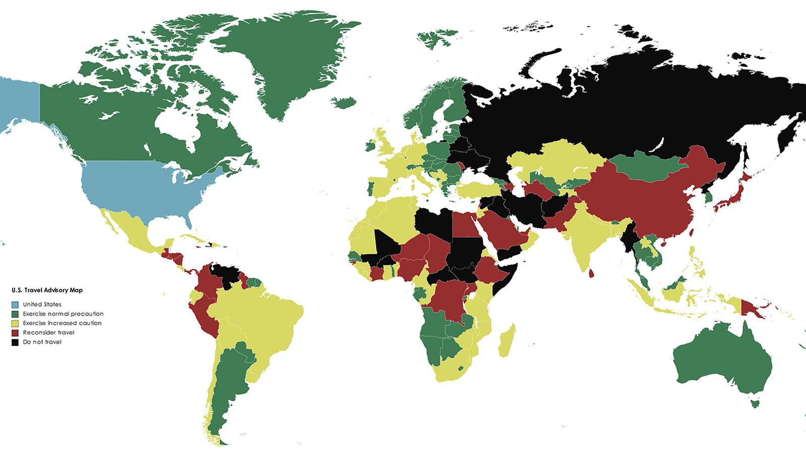 Map highlighting Middle East countries under travel advisory