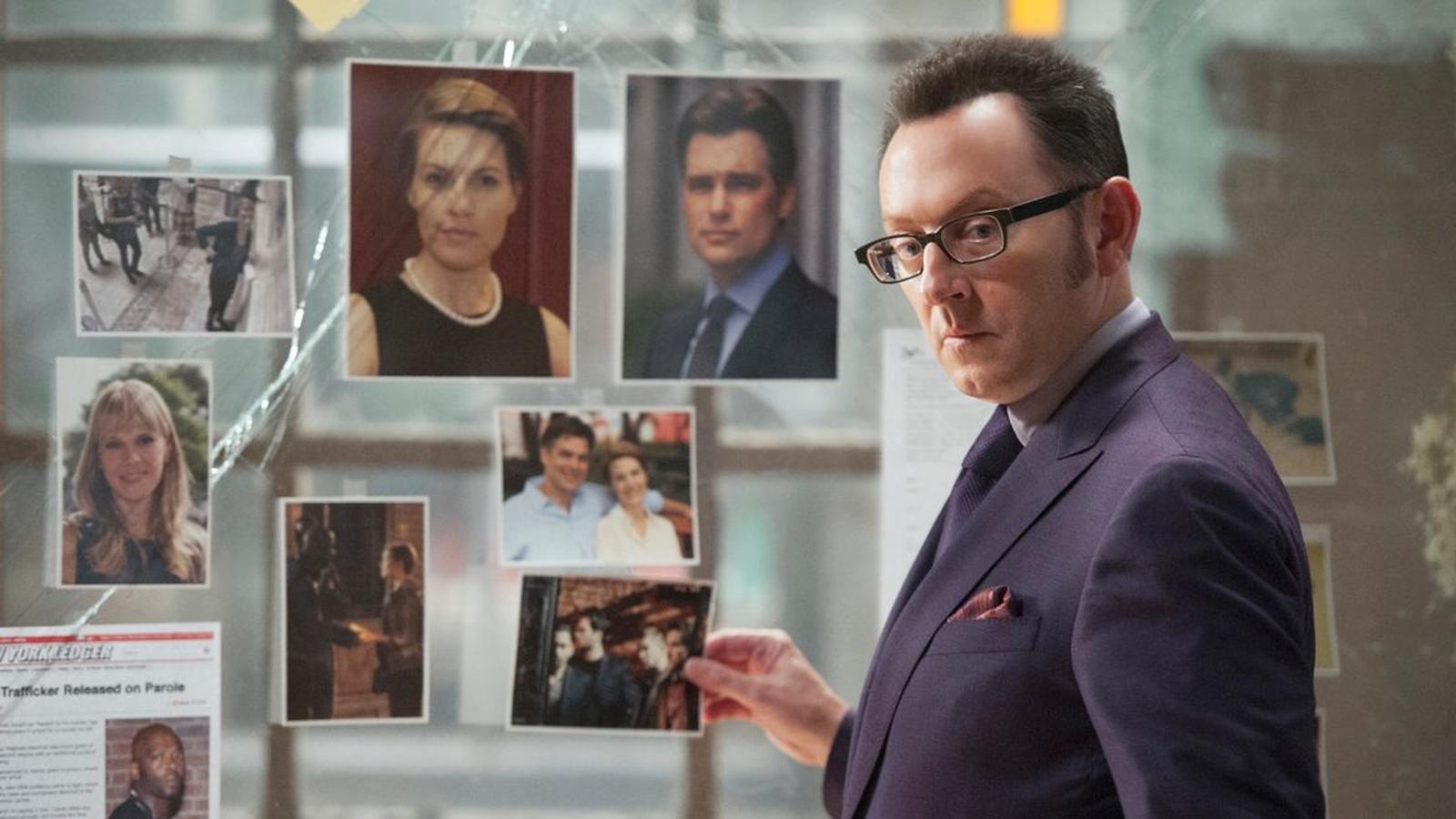 Split image showing a crime scene and a TV series logo