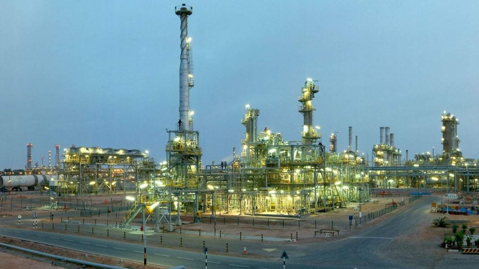 Industrial complex with gas storage tanks