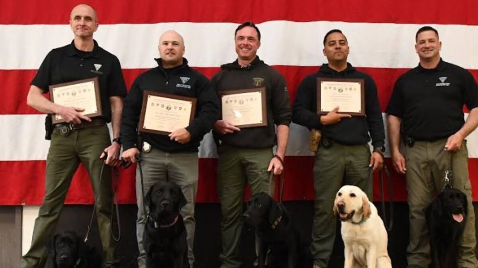 Five law enforcement officers standing with their K9 dogs in front of American flag