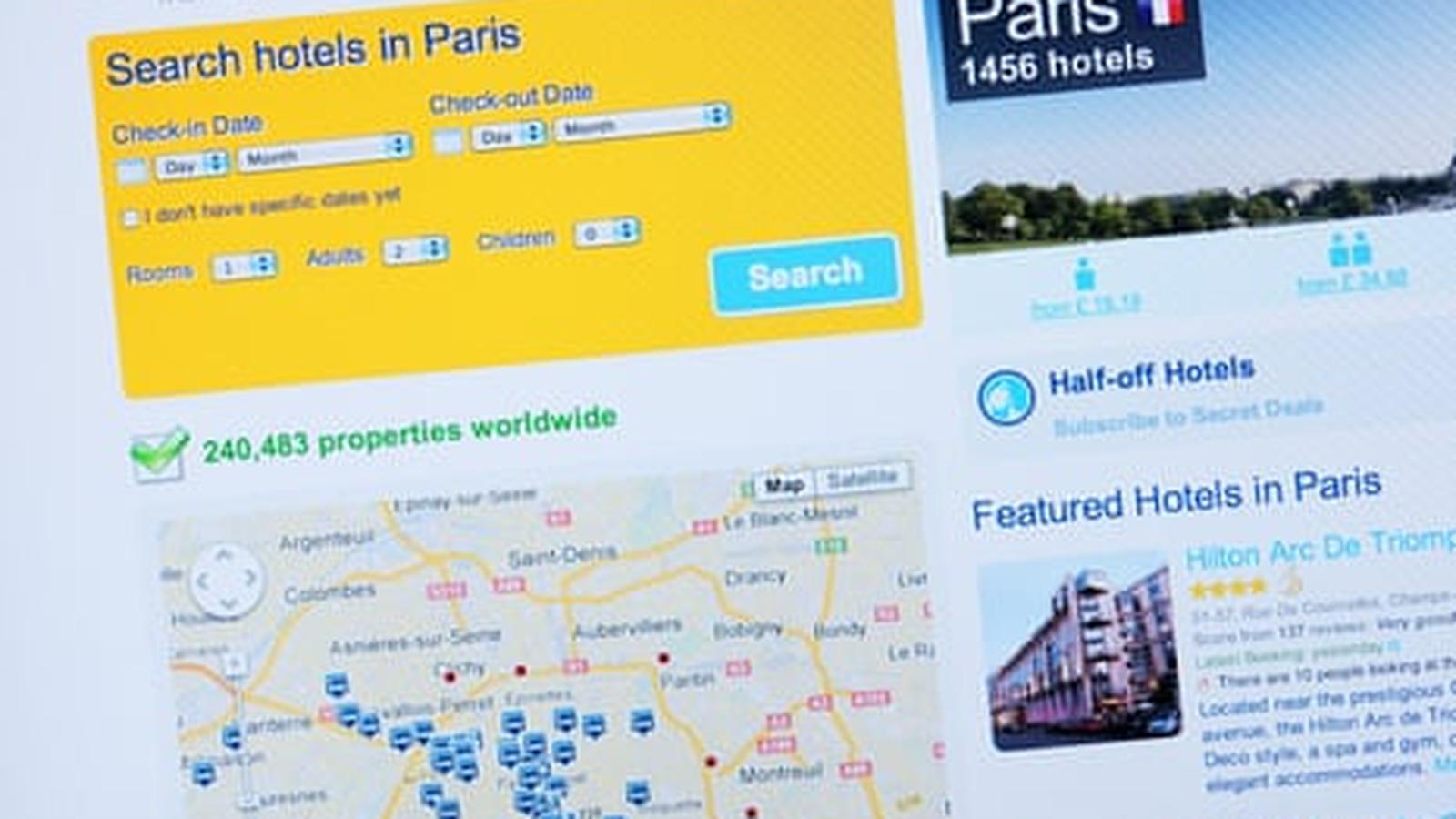 A computer screen displaying the Booking com hotel search website for Paris France