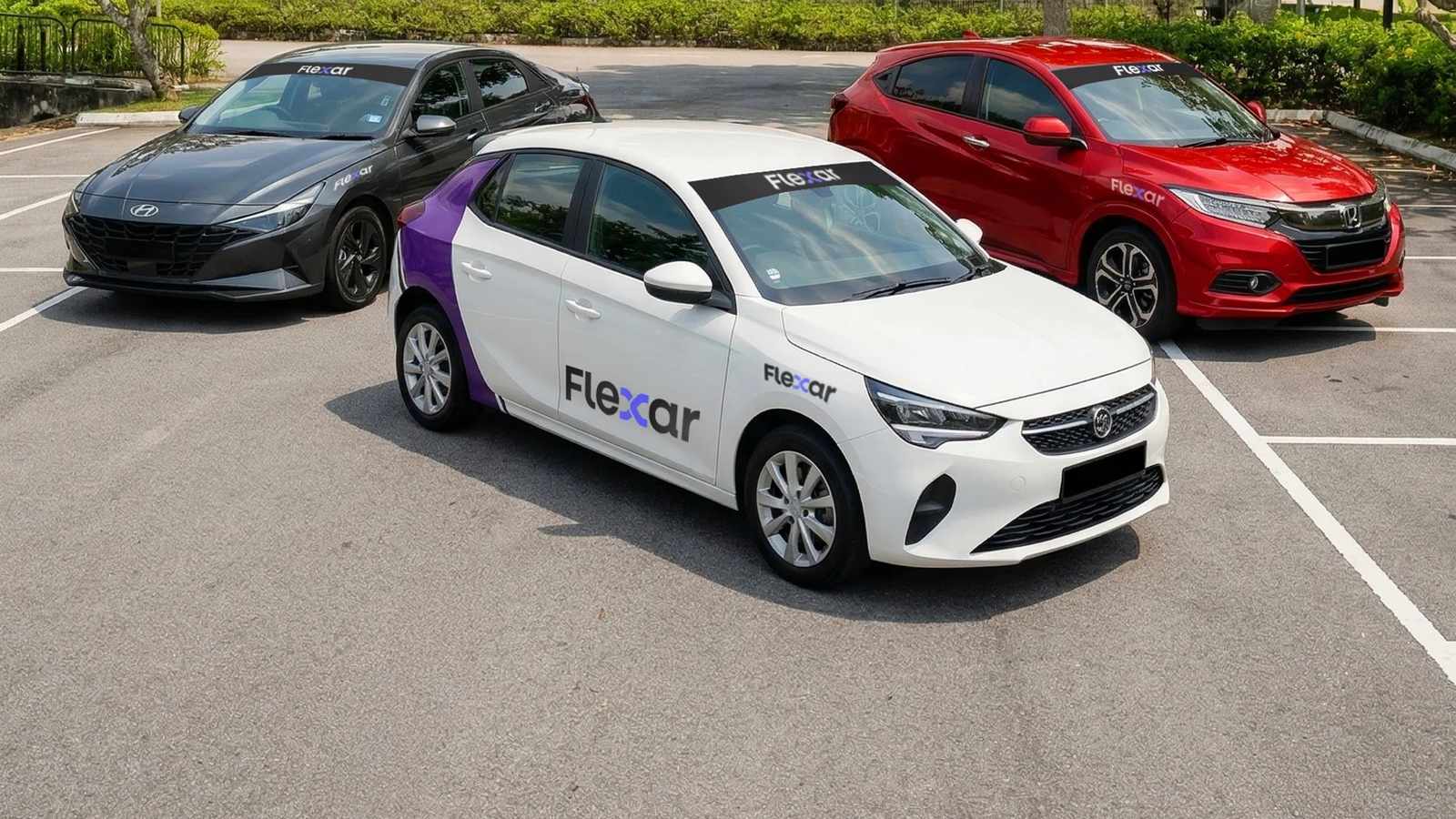 Three branded Flexar cars parked in an outdoor lot with trees in background