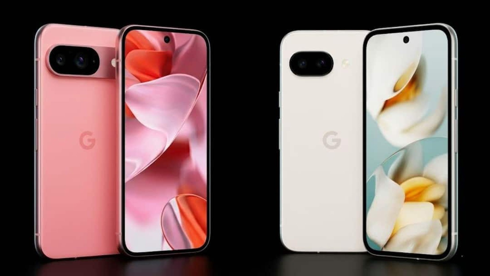 Two Google Pixel smartphones in pink and white displayed against a black background