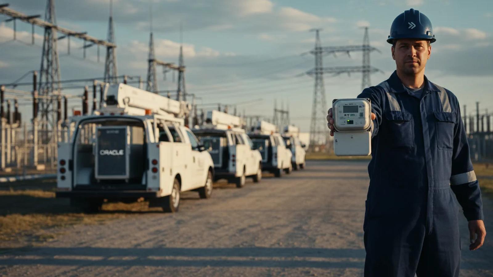 Utility worker in hard hat holding a smart meter at a power substation