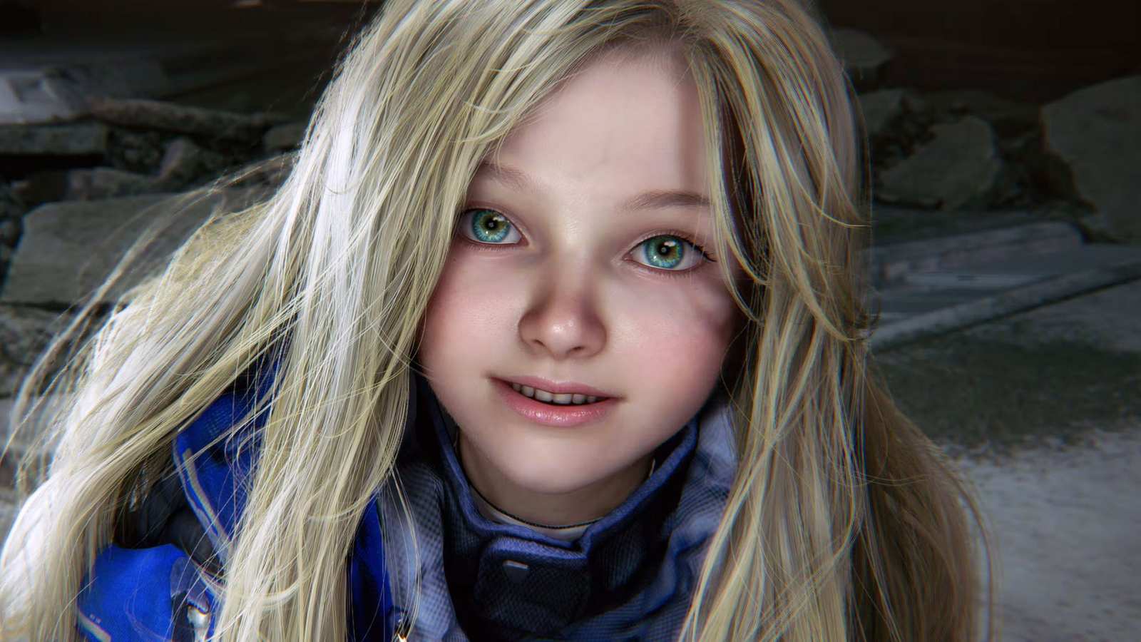 Close up portrait of a young girl with blonde hair and green eyes