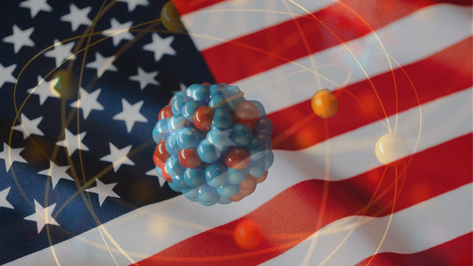 A 3D atomic model floating over a blurred American flag background