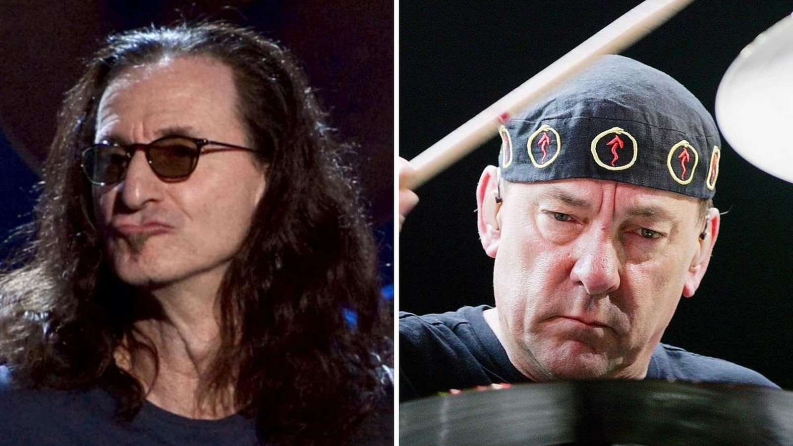 Geddy Lee singing on stage next to drummer Neil Peart playing drums