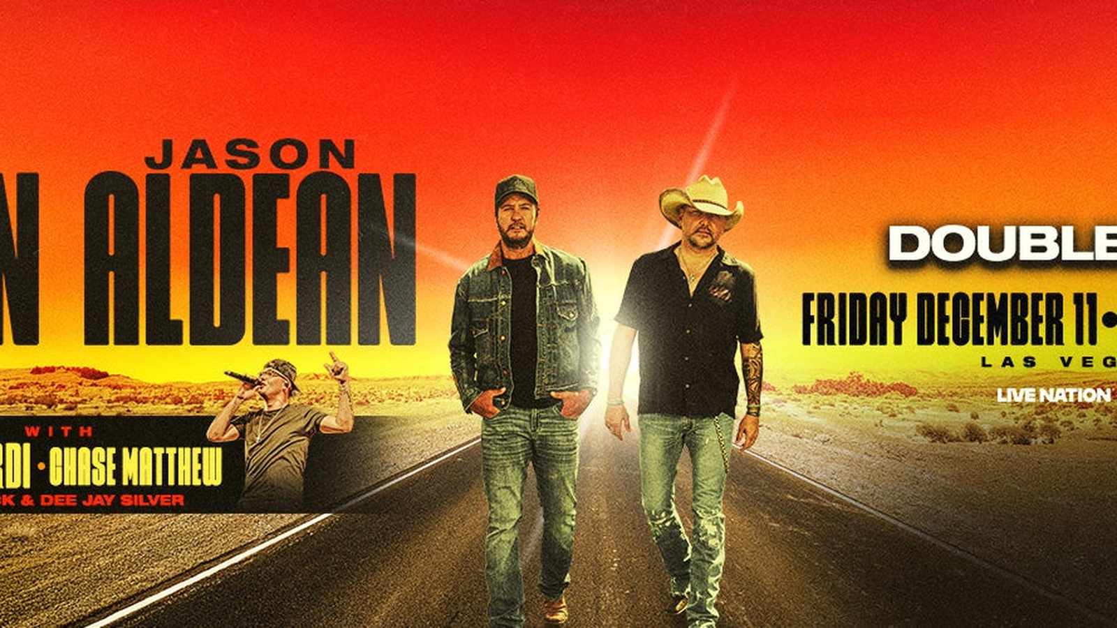 Country singers Luke Bryan and Jason Aldean walking on a desert road poster