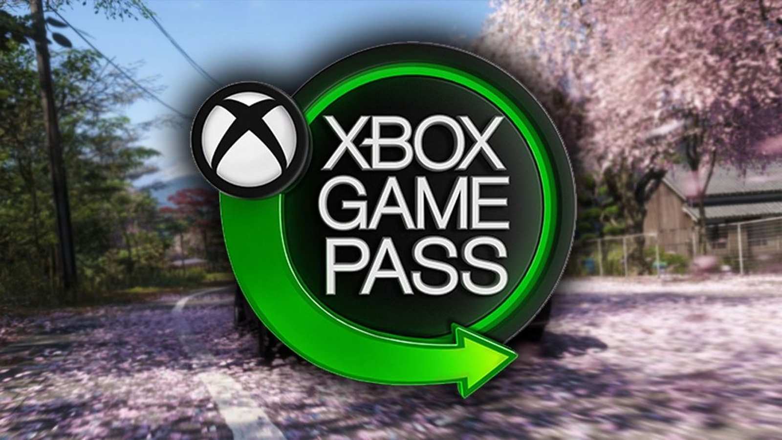 The circular Xbox Game Pass logo with a green arrow, set against a blurred background of trees and a