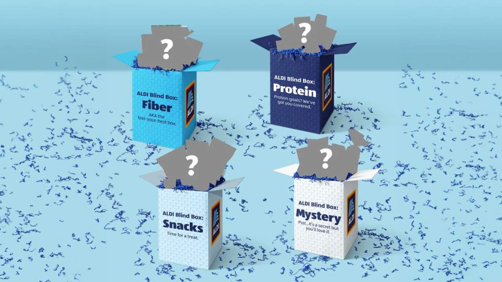 Four Aldi branded blind boxes labeled Fiber, Protein, Snacks, and Mystery on blue background