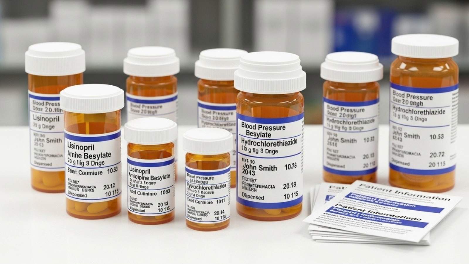 Several amber plastic prescription bottles labeled as blood pressure medication on a white surface