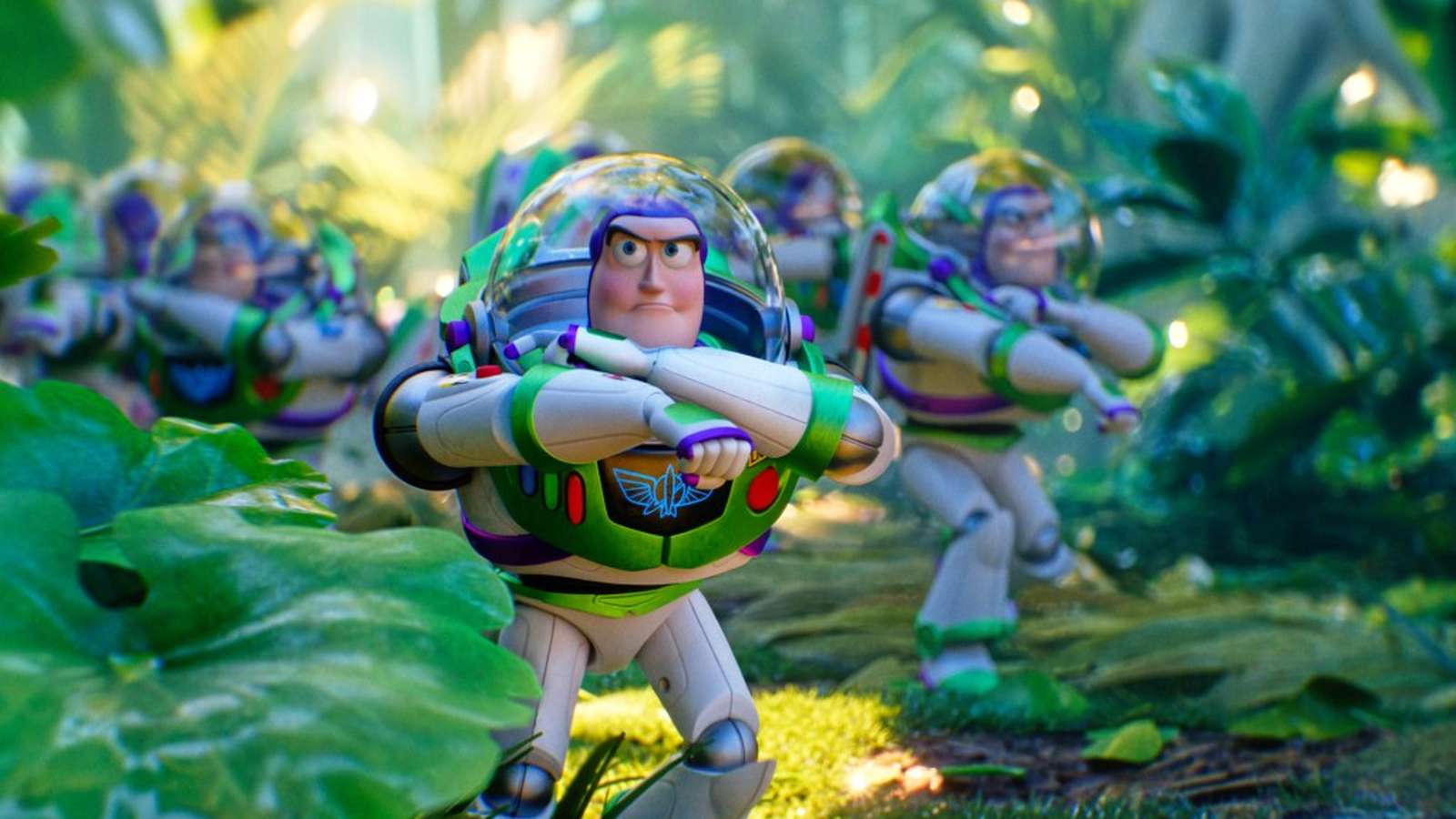 Multiple Buzz Lightyear action figures standing in a lush green jungle environment
