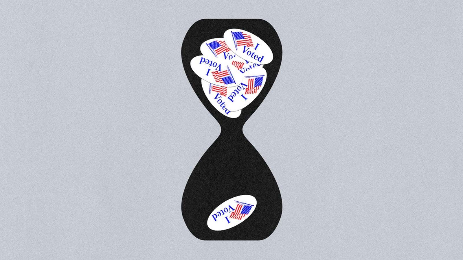 An hourglass filled with I Voted stickers representing slow election ballot counting processes