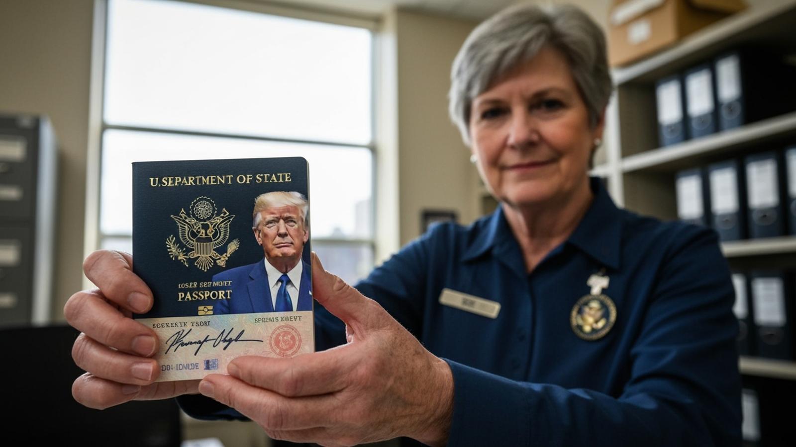 A woman holding a commemorative US passport featuring an image of Donald Trump