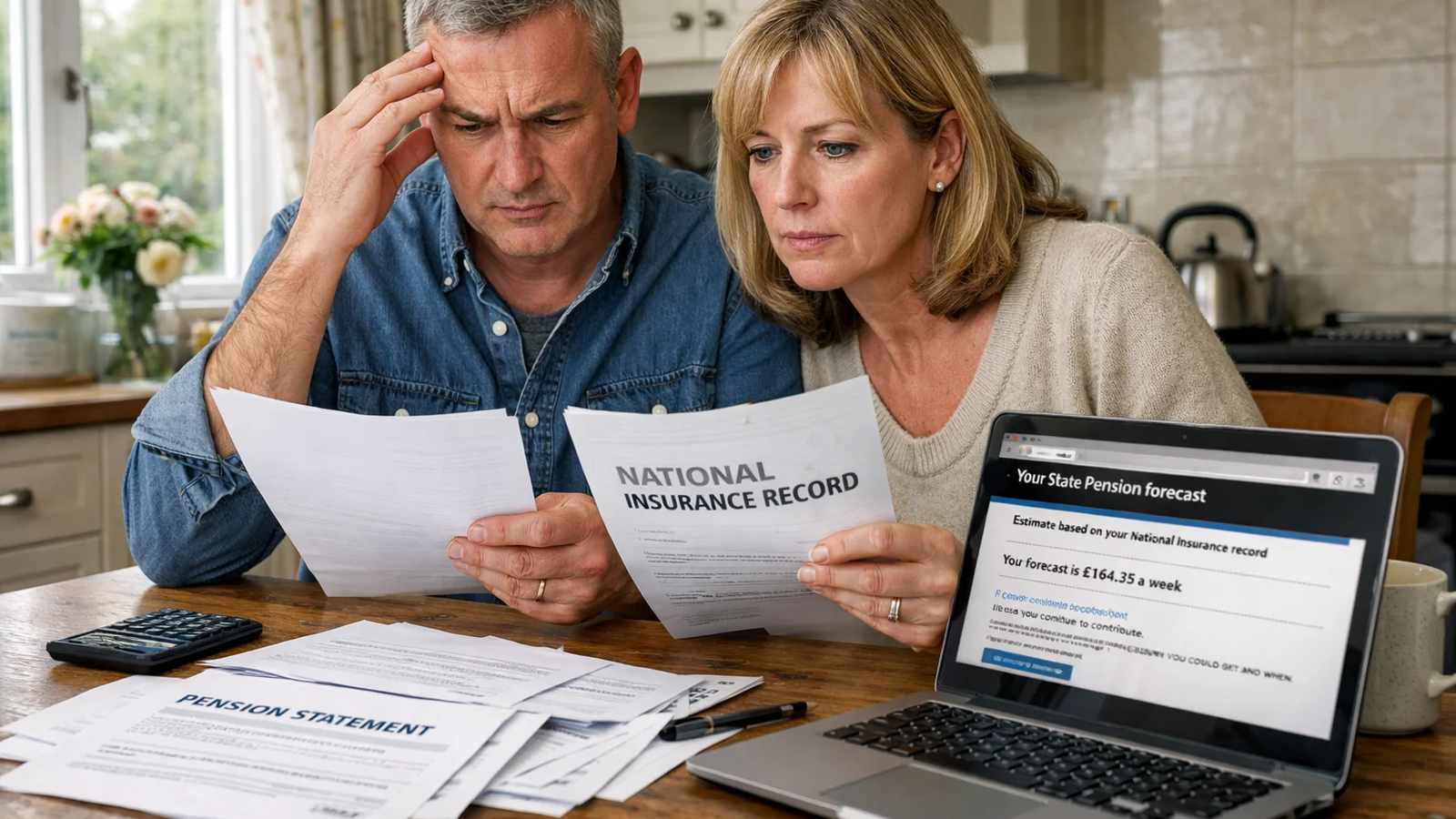 A concerned middle-aged couple reviewing their national insurance and pension statement documents at