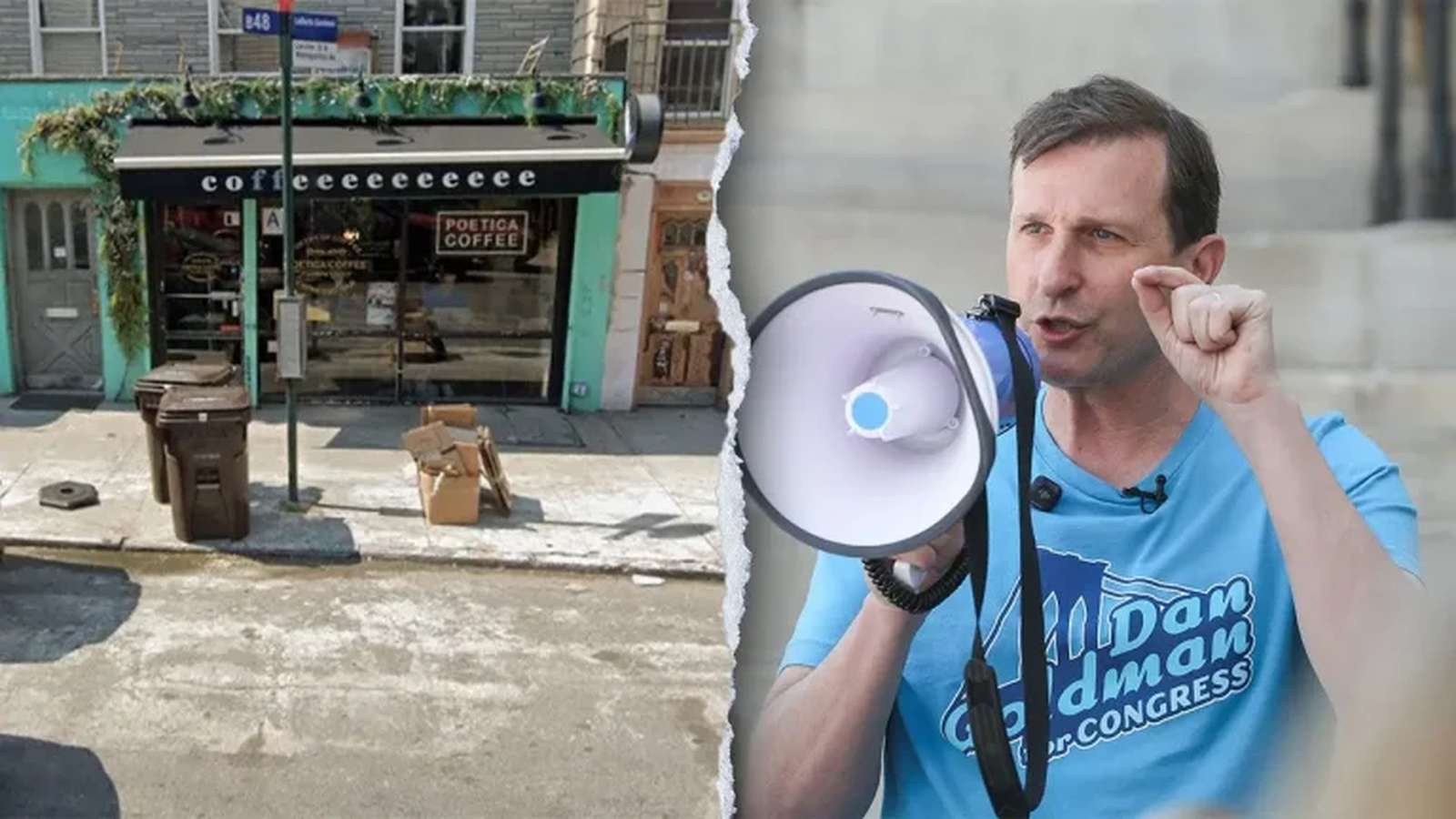 Rep. Dan Goldman speaking into a megaphone next to the Poetica Coffee shop front