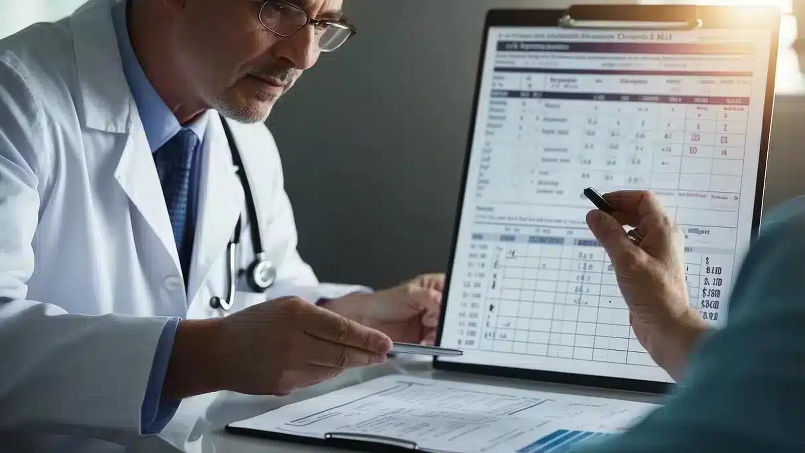 A doctor in a white coat explains cholesterol test results to a patient