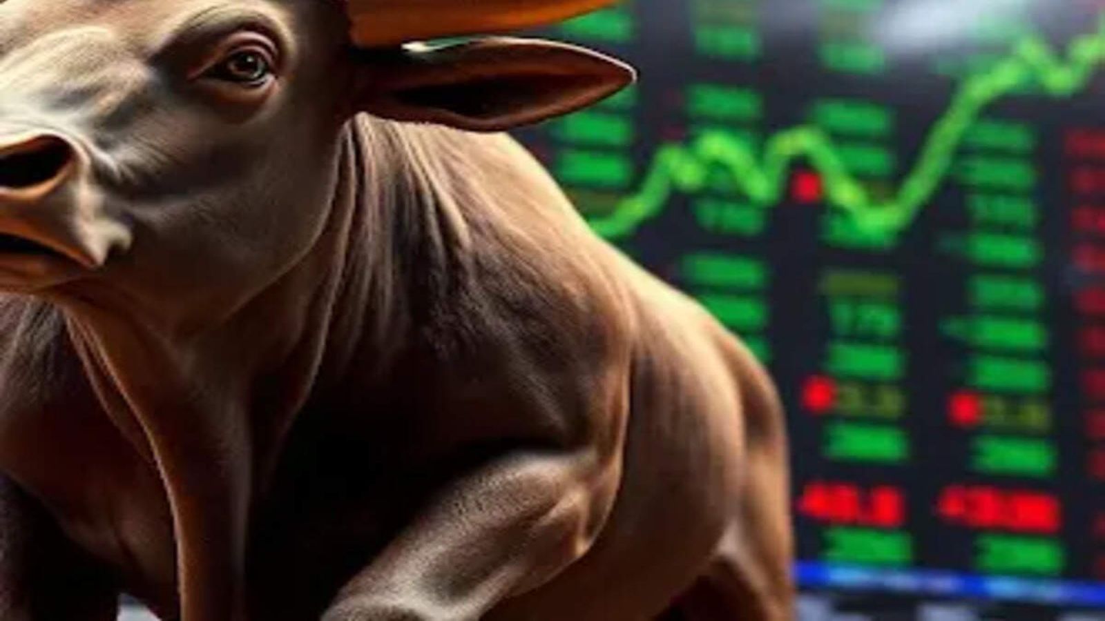 A powerful bull standing in front of a digital stock market ticker board