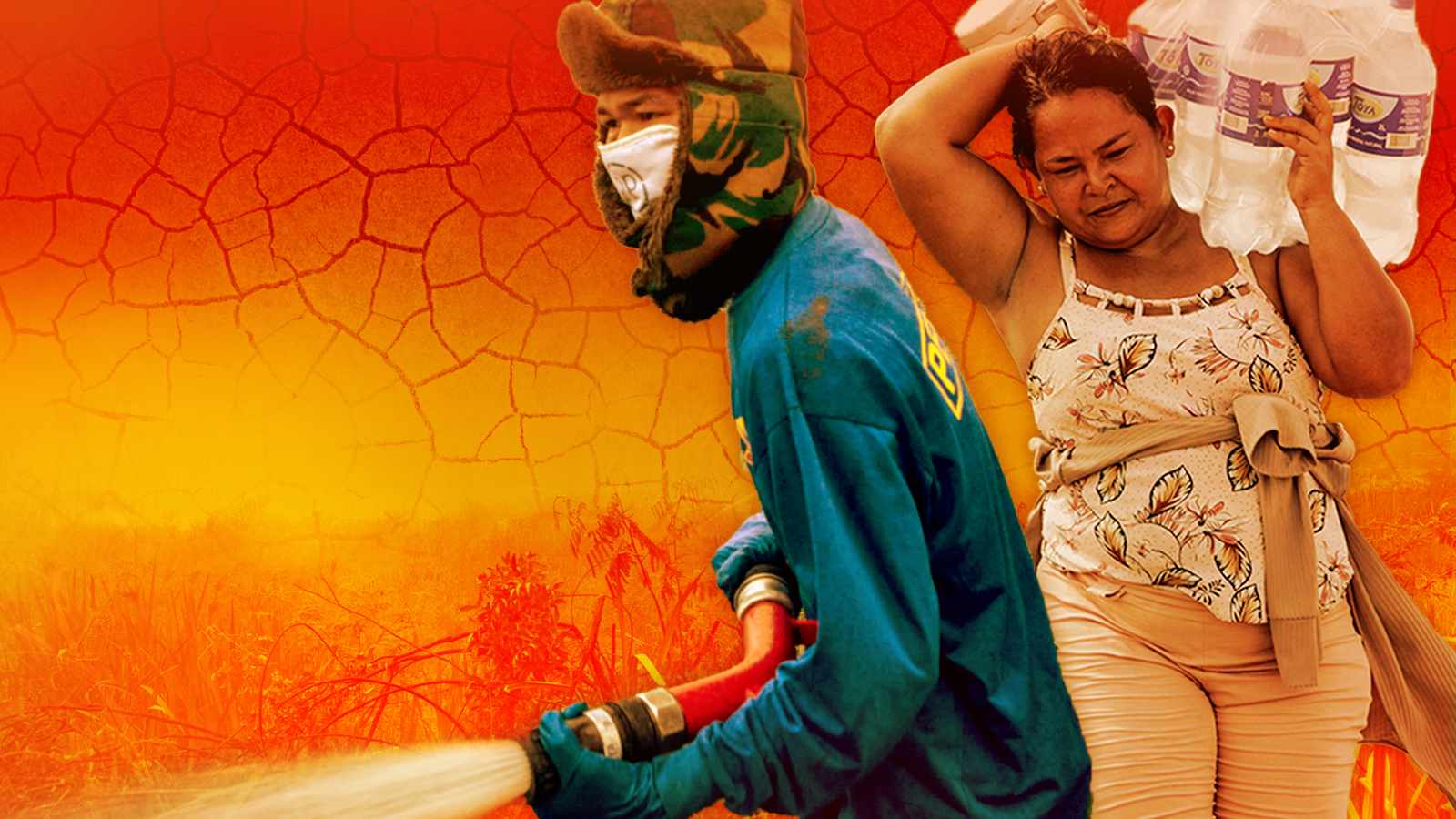 A firefighter spraying water and a woman carrying water bottles during drought conditions