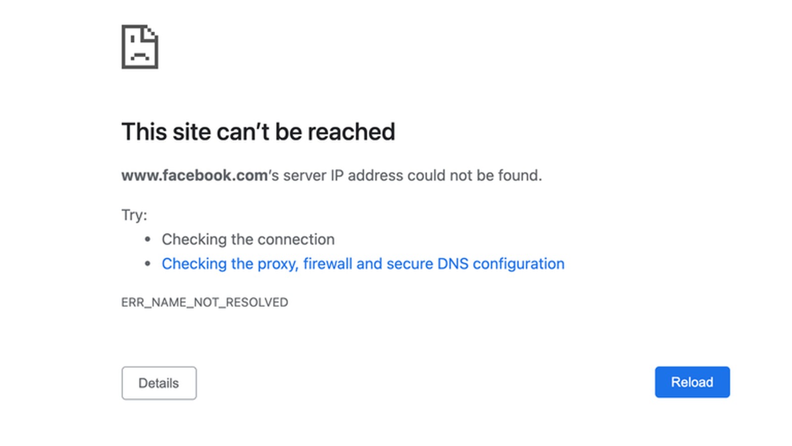 A web browser error page displaying that facebook.com cannot be reached due to DNS issues