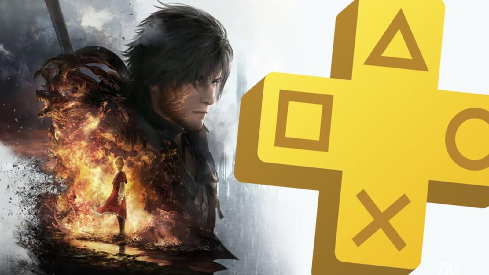 Clive Rosfield from Final Fantasy 16 next to a large yellow PlayStation Plus logo
