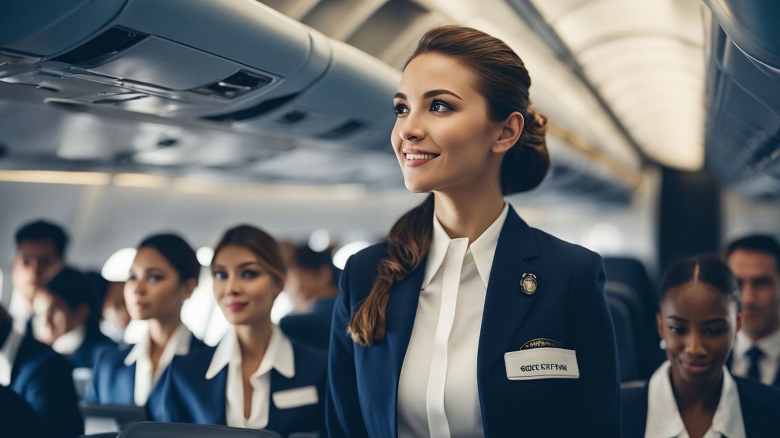 A smiling flight attendant in a navy blue uniform standing in an airplane cabin