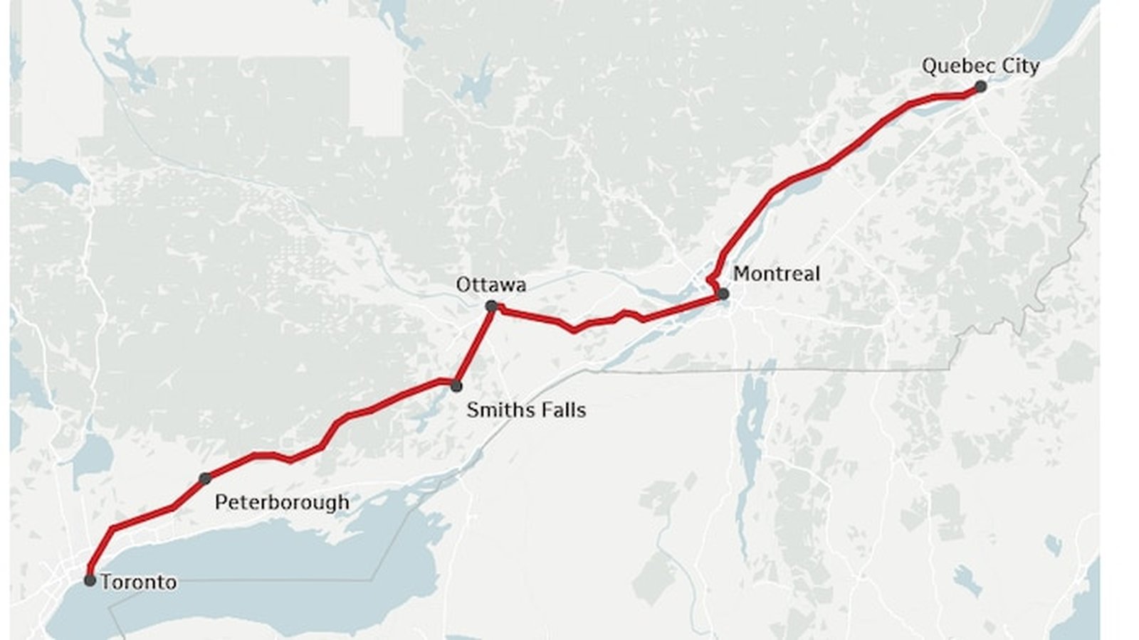 A map showing the proposed high speed rail route between Toronto and Quebec City
