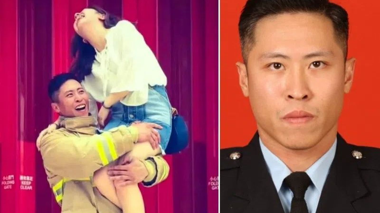 A split image showing firefighter Ho Wai-ho in uniform and a casual photo