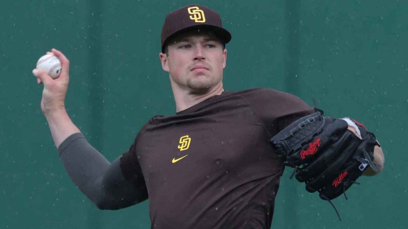 San Diego Padres pitcher Mason Miller throwing a baseball during a practice session