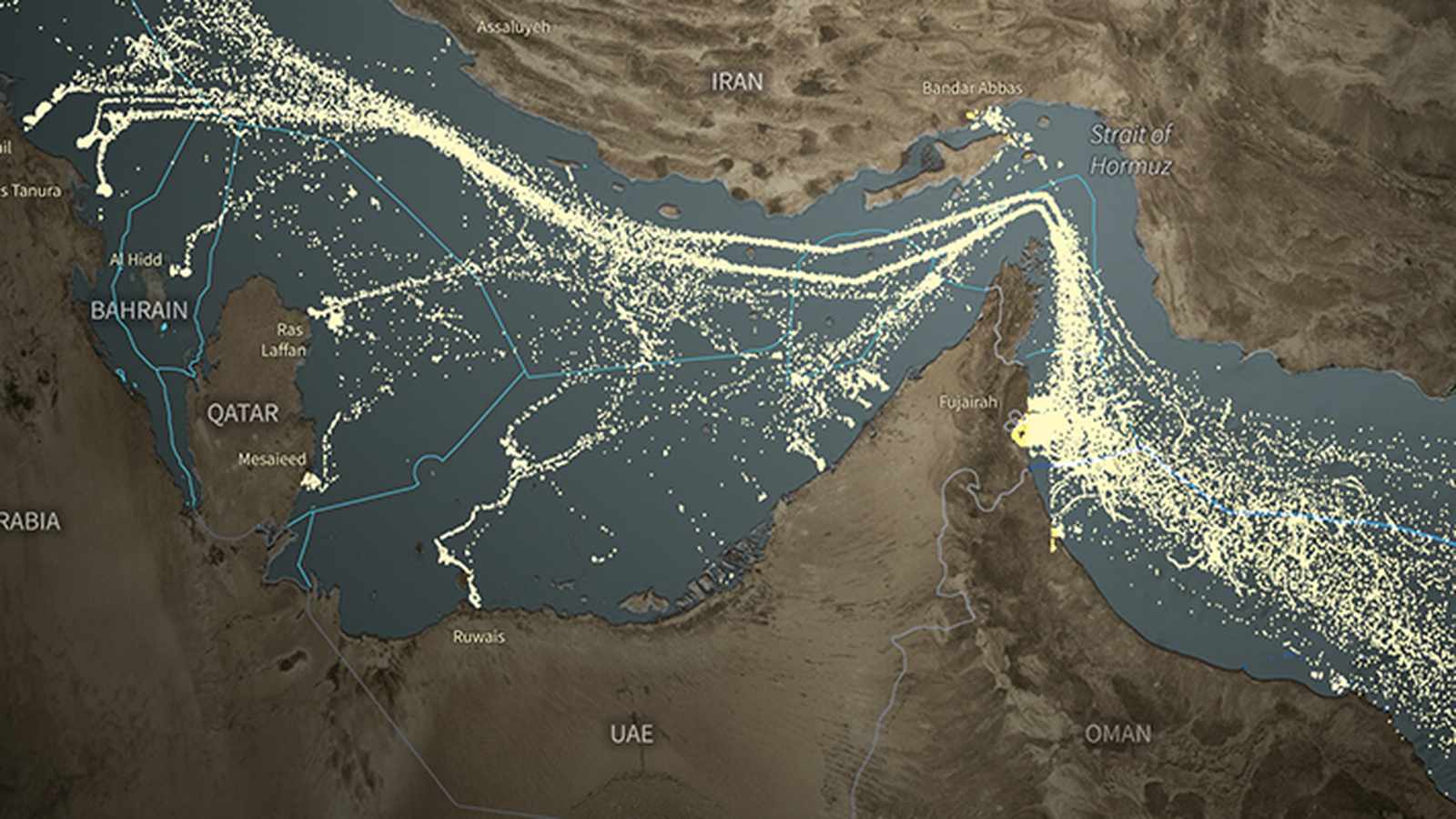 A satellite map showing dense shipping traffic patterns through the Strait of Hormuz region