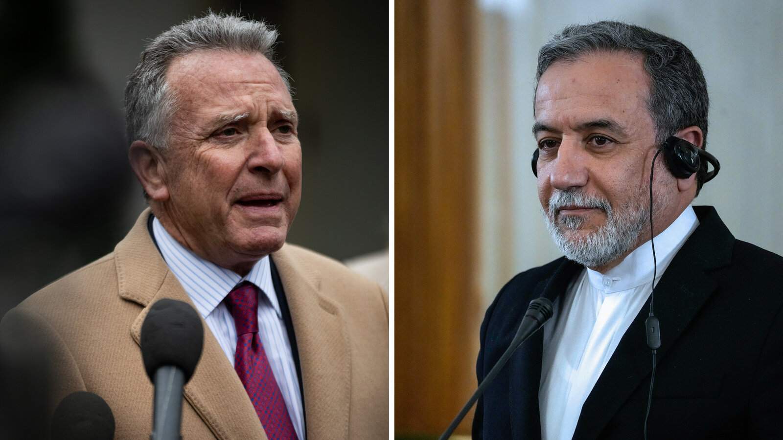 Split screen showing US and Iranian officials during diplomatic discussions and press conferences