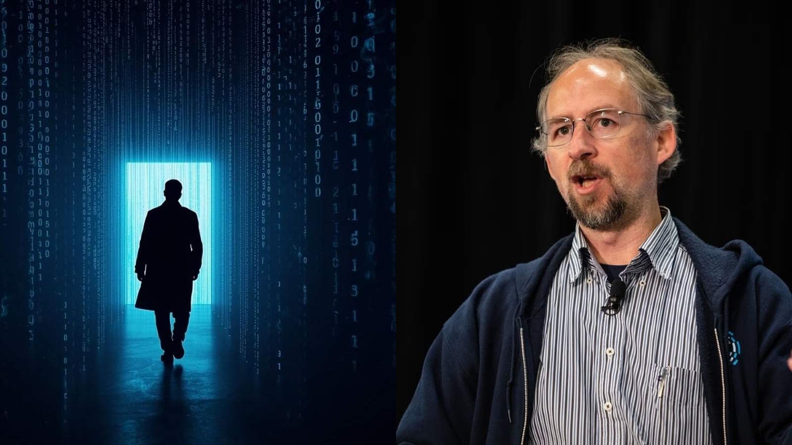 Adam Back speaking at a conference next to a digital matrix background