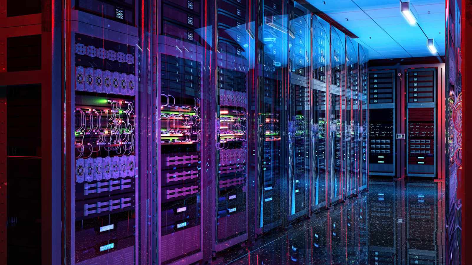 Rows of server racks with glowing lights in a modern AI data center facility