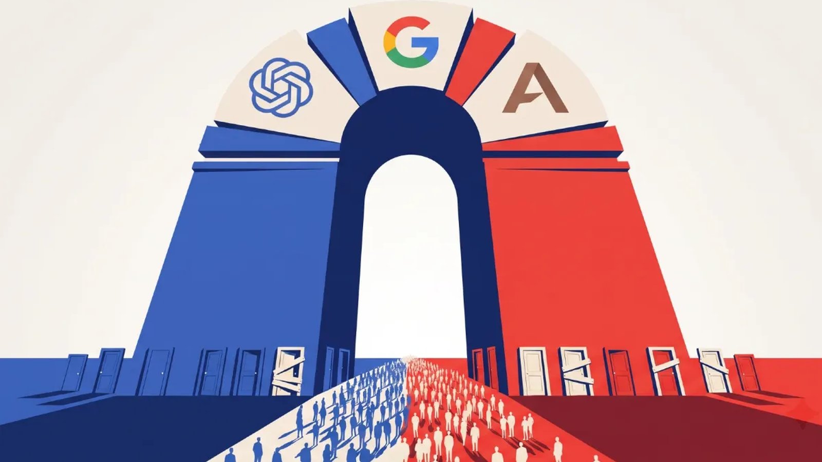 Illustration of a large archway featuring OpenAI, Google, and Anthropic logos over crowds