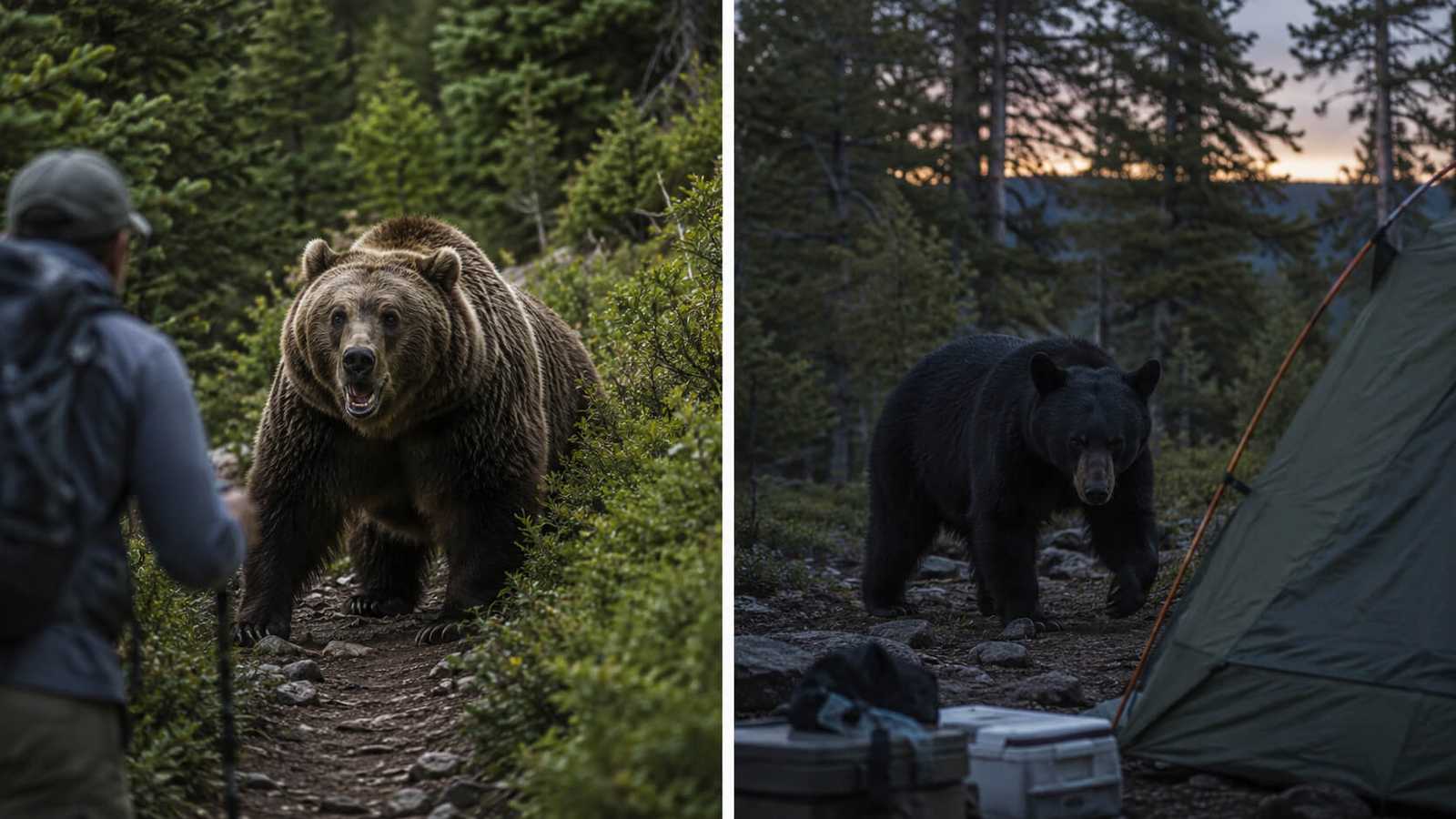 A hiker stands on a forest trail facing a large brown bear